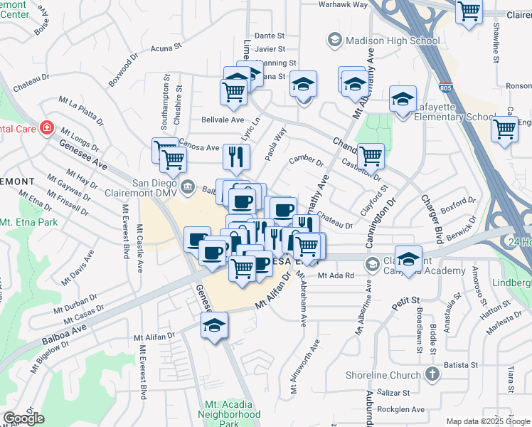 map of restaurants, bars, coffee shops, grocery stores, and more near 5550 Balboa Arms Drive in San Diego
