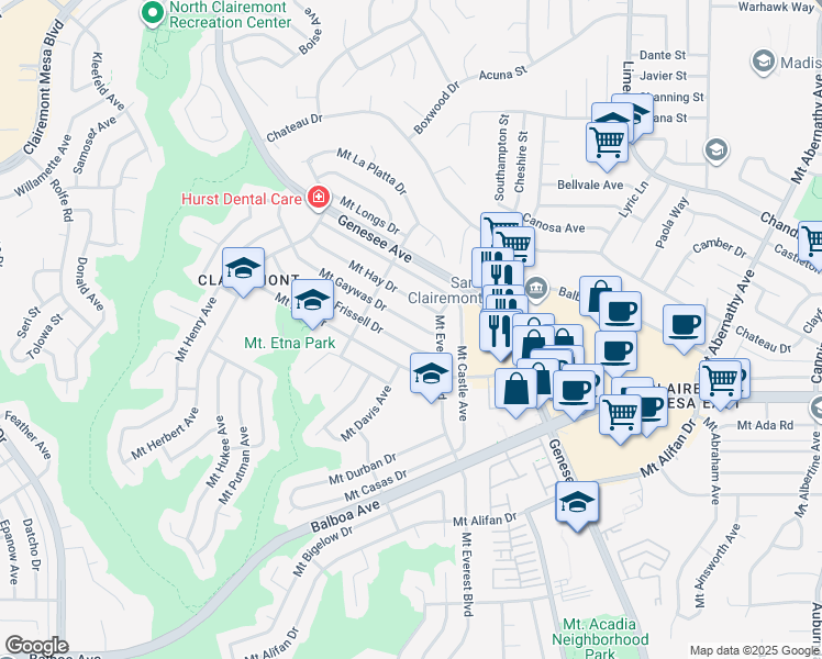 map of restaurants, bars, coffee shops, grocery stores, and more near 5017 Mount Gaywas Drive in San Diego