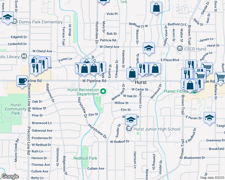 map of restaurants, bars, coffee shops, grocery stores, and more near 22 East Van Court in Hurst