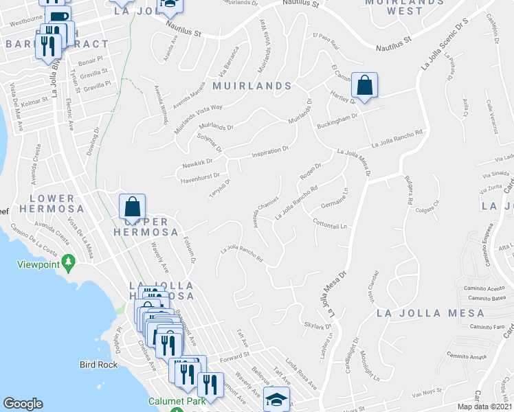map of restaurants, bars, coffee shops, grocery stores, and more near 6018 Avenida Chamnez in San Diego