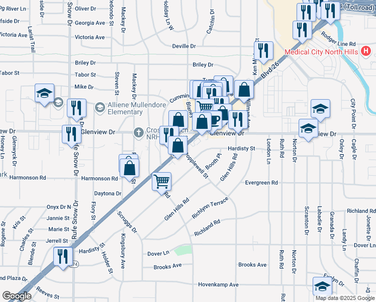 map of restaurants, bars, coffee shops, grocery stores, and more near 7116 Boulevard 26 in Richland Hills