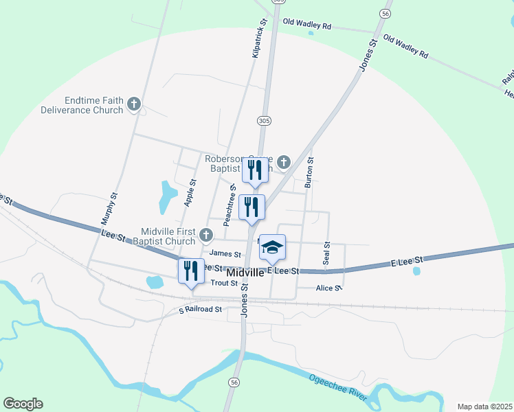 map of restaurants, bars, coffee shops, grocery stores, and more near 151 Georgia 305 in Midville
