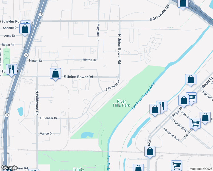 map of restaurants, bars, coffee shops, grocery stores, and more near 2611 East Pioneer Drive in Irving
