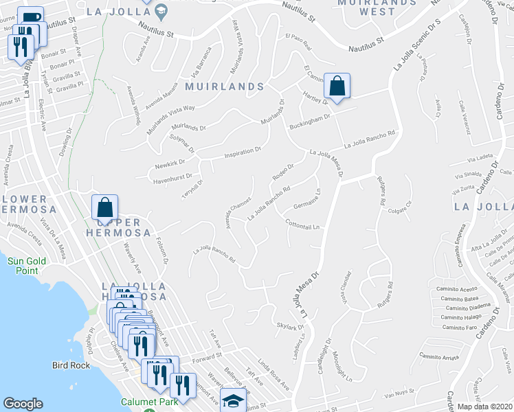 map of restaurants, bars, coffee shops, grocery stores, and more near 1252 La Jolla Rancho Road in San Diego