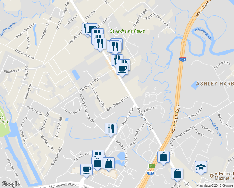map of restaurants, bars, coffee shops, grocery stores, and more near 2343 Ashley River Road in Charleston