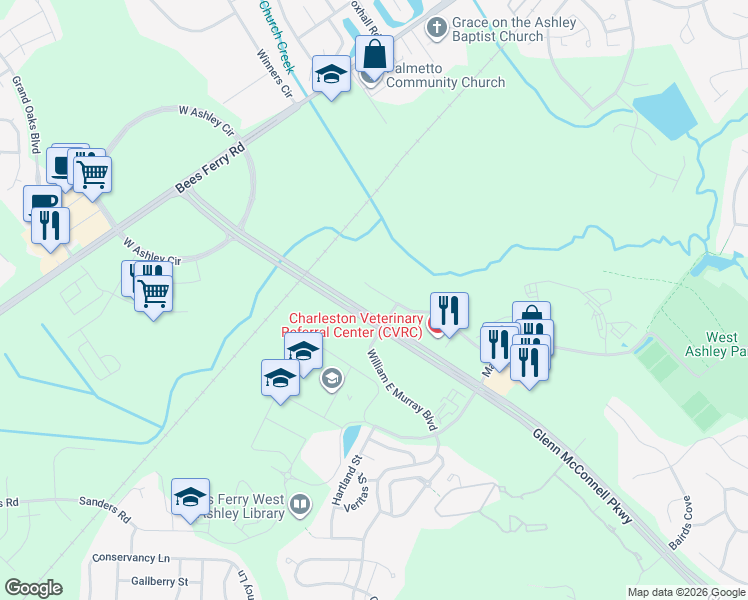 map of restaurants, bars, coffee shops, grocery stores, and more near 3510 Glenn McConnell Parkway in Charleston