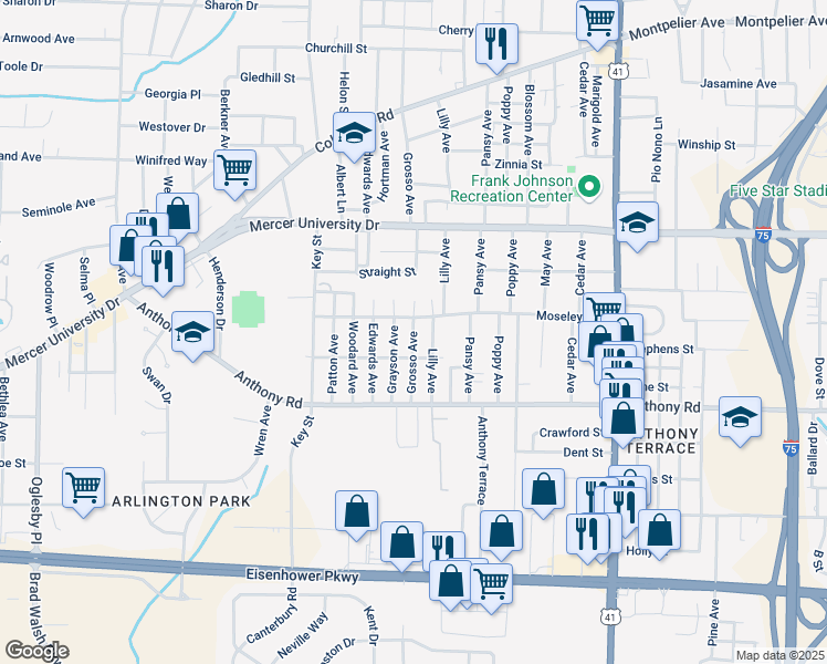 map of restaurants, bars, coffee shops, grocery stores, and more near 512 Moseley Avenue in Macon