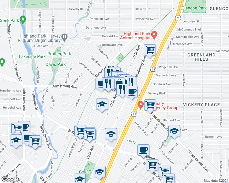map of restaurants, bars, coffee shops, grocery stores, and more near 4528 Cole Avenue in Dallas