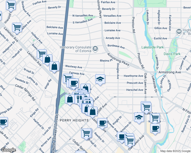 map of restaurants, bars, coffee shops, grocery stores, and more near 3815 Hawthorne Avenue in Dallas