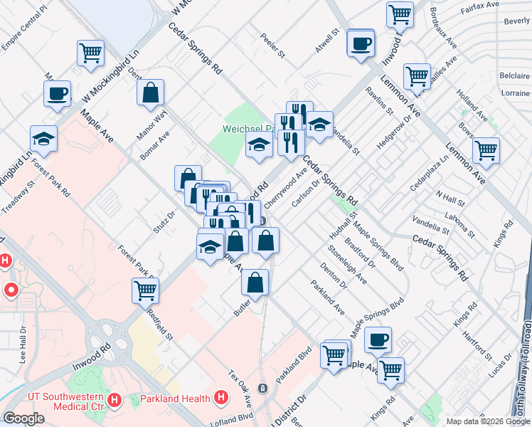 map of restaurants, bars, coffee shops, grocery stores, and more near 2810 Cherrywood Avenue in Dallas