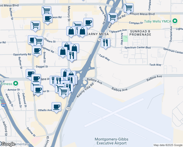 map of restaurants, bars, coffee shops, grocery stores, and more near 4540 Kearny Villa Road in San Diego