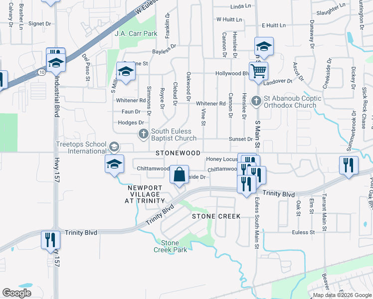 map of restaurants, bars, coffee shops, grocery stores, and more near 504 Sunset Drive in Euless