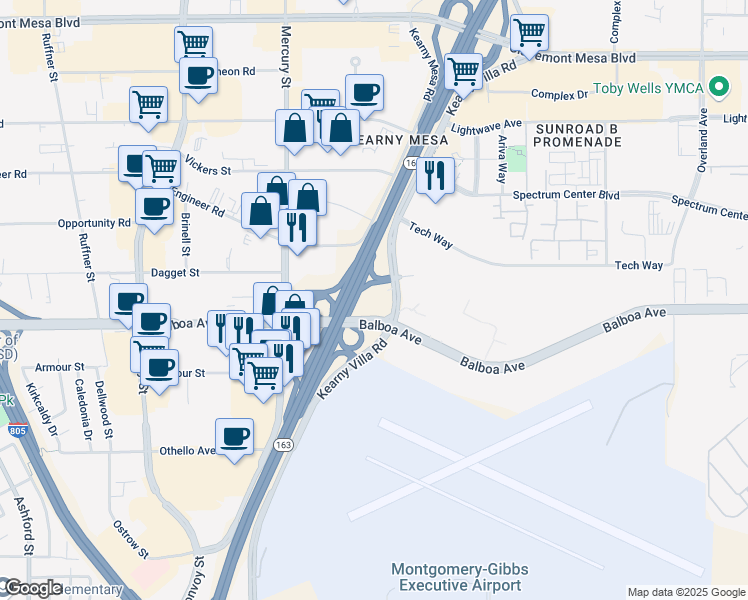 map of restaurants, bars, coffee shops, grocery stores, and more near 4550 Kearny Villa Road in San Diego