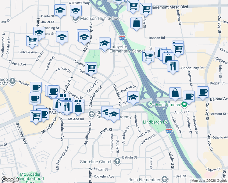 map of restaurants, bars, coffee shops, grocery stores, and more near 4450 Charger Boulevard in San Diego