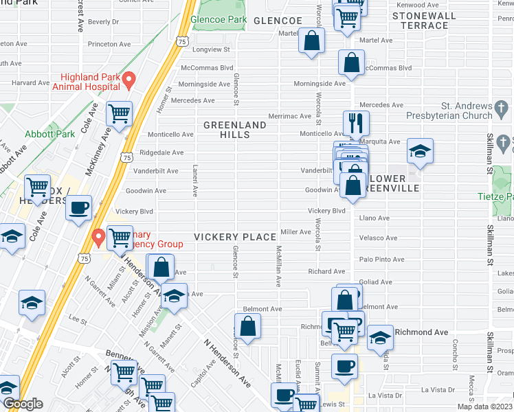 map of restaurants, bars, coffee shops, grocery stores, and more near 5431 Vickery Boulevard in Dallas