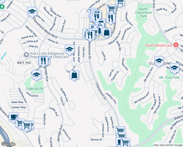 map of restaurants, bars, coffee shops, grocery stores, and more near 4436 Clairemont Drive in San Diego