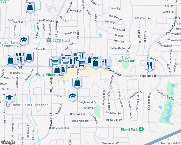 map of restaurants, bars, coffee shops, grocery stores, and more near 724 East Pipeline Road in Hurst