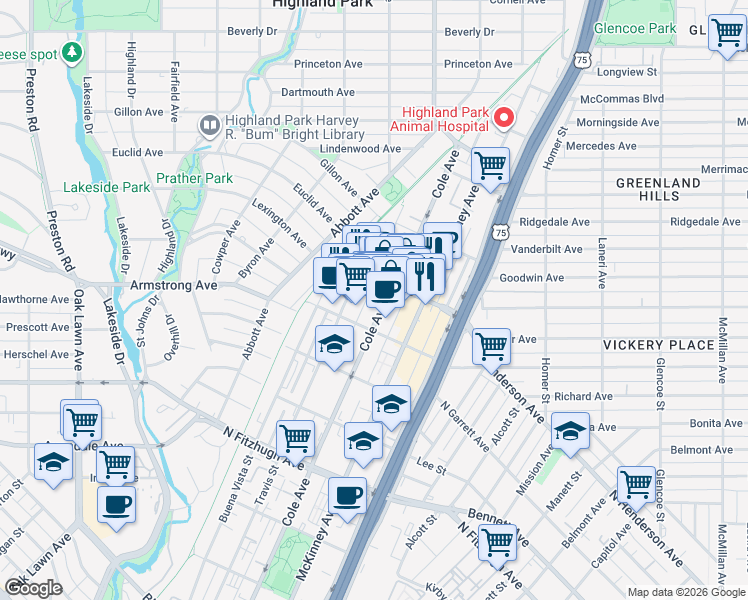 map of restaurants, bars, coffee shops, grocery stores, and more near 4525 Cole Avenue in Dallas