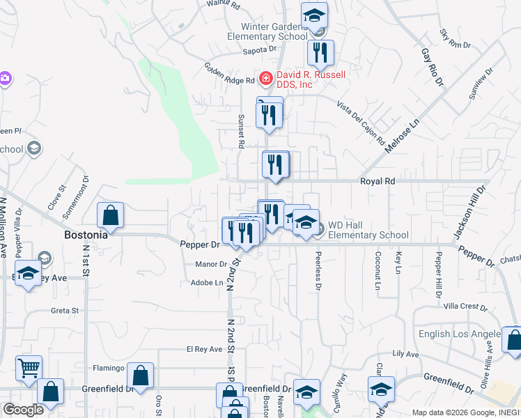 map of restaurants, bars, coffee shops, grocery stores, and more near 8024 Winter Gardens Boulevard in El Cajon