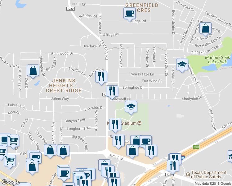 map of restaurants, bars, coffee shops, grocery stores, and more near 4517 Halyard Court in Fort Worth