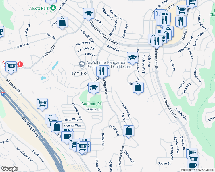 map of restaurants, bars, coffee shops, grocery stores, and more near 4386 Taos Drive in San Diego