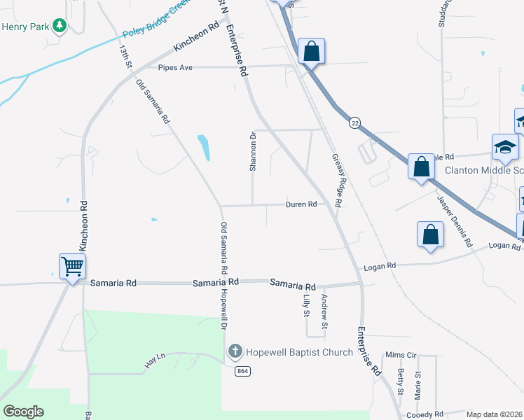 map of restaurants, bars, coffee shops, grocery stores, and more near 1131 Duren Road in Clanton