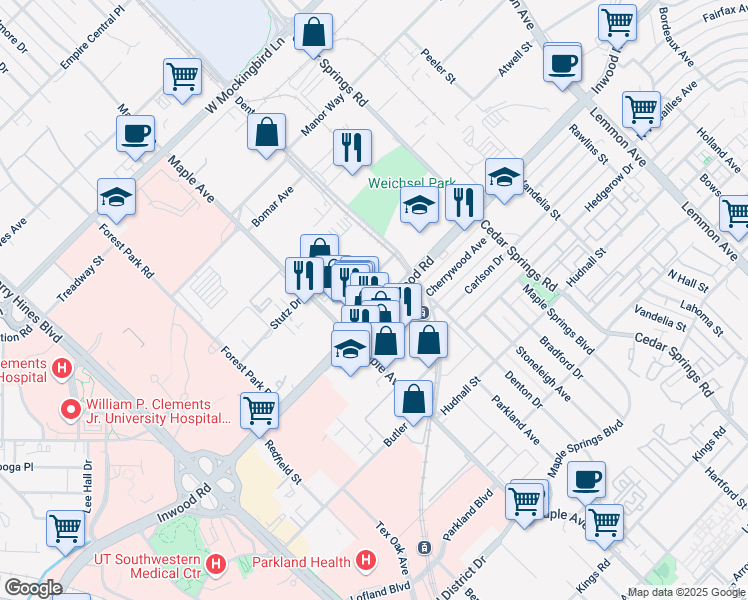 map of restaurants, bars, coffee shops, grocery stores, and more near 2603 Inwood Road in Dallas