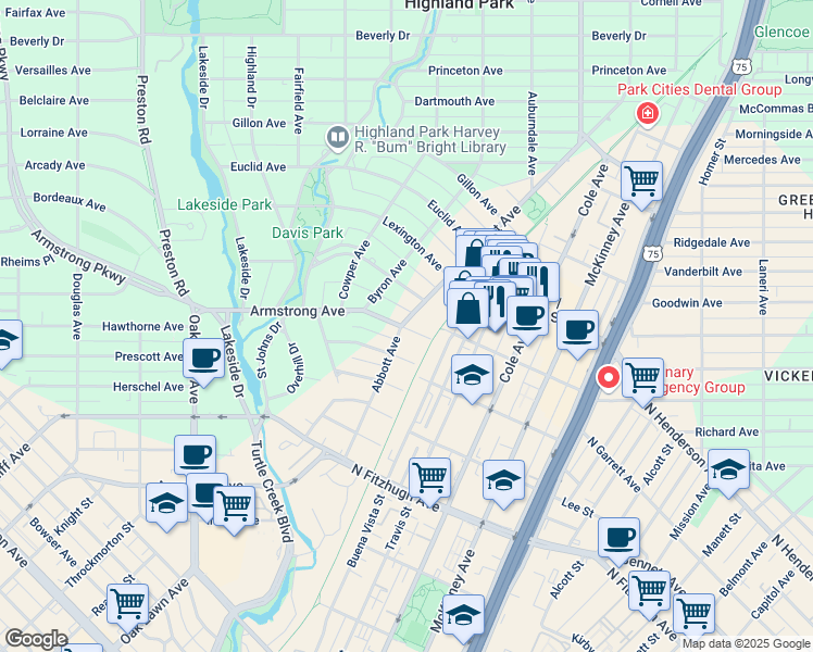 map of restaurants, bars, coffee shops, grocery stores, and more near 4502 Abbott Avenue in Dallas