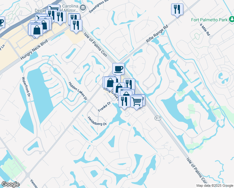 map of restaurants, bars, coffee shops, grocery stores, and more near 1948 Long Grove Drive in Mount Pleasant