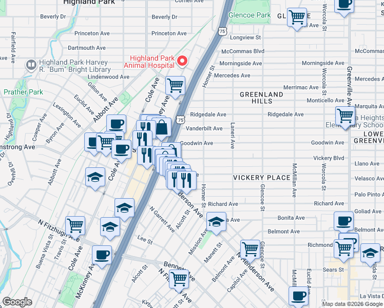 map of restaurants, bars, coffee shops, grocery stores, and more near 5136 Goodwin Avenue in Dallas