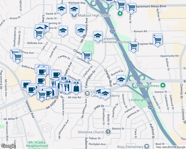 map of restaurants, bars, coffee shops, grocery stores, and more near 4367 Cannington Drive in San Diego