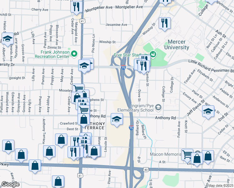 map of restaurants, bars, coffee shops, grocery stores, and more near 1850 Fletcher Street in Macon
