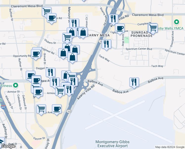 map of restaurants, bars, coffee shops, grocery stores, and more near 4550 Kearny Villa Road in San Diego