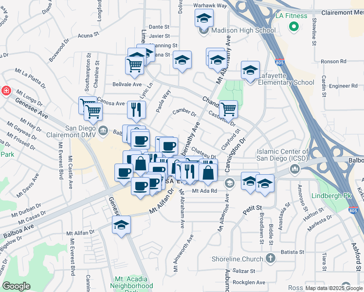 map of restaurants, bars, coffee shops, grocery stores, and more near 5744 Chateau Drive in San Diego