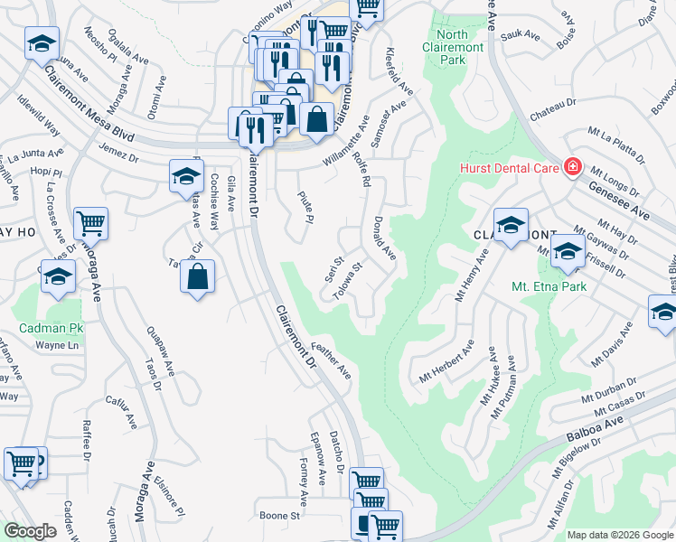 map of restaurants, bars, coffee shops, grocery stores, and more near 4174 Seri Street in San Diego