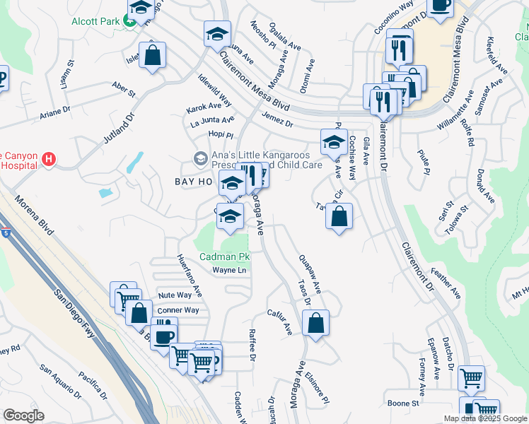 map of restaurants, bars, coffee shops, grocery stores, and more near 4386 Taos Drive in San Diego