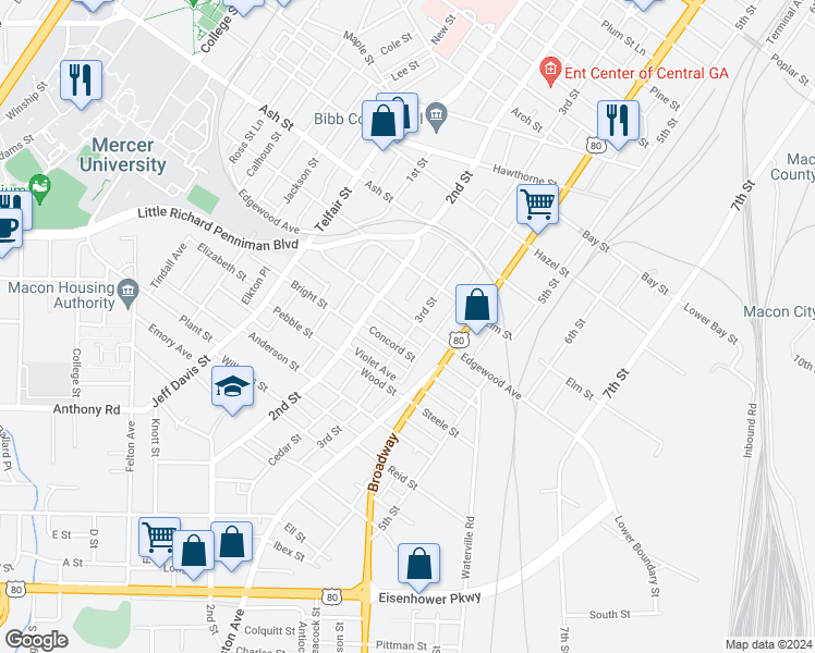 map of restaurants, bars, coffee shops, grocery stores, and more near 510 Edgewood Avenue in Macon