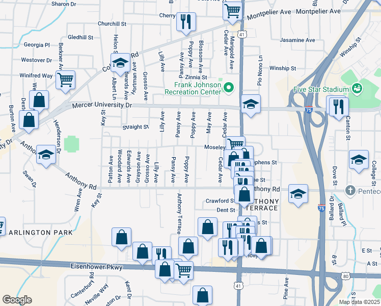 map of restaurants, bars, coffee shops, grocery stores, and more near 710 Poppy Avenue in Macon