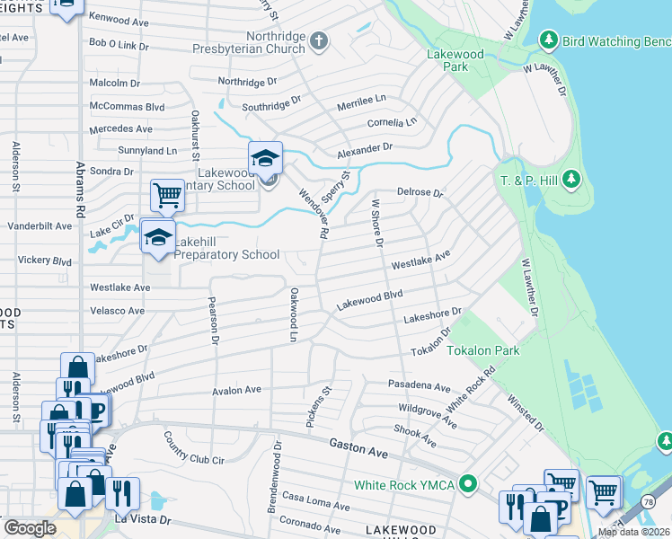 map of restaurants, bars, coffee shops, grocery stores, and more near 6902 Meadow Lake Avenue in Dallas