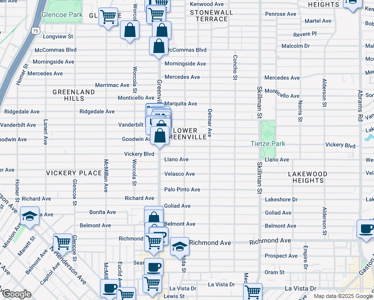 map of restaurants, bars, coffee shops, grocery stores, and more near in Dallas