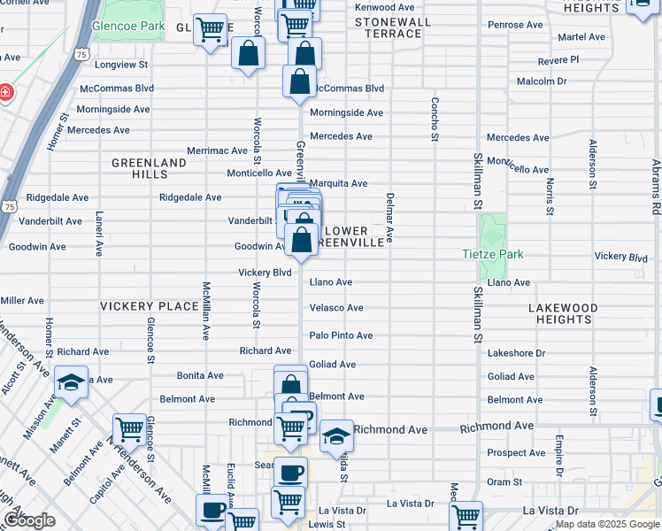 map of restaurants, bars, coffee shops, grocery stores, and more near in Dallas
