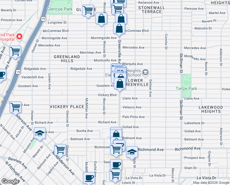 map of restaurants, bars, coffee shops, grocery stores, and more near 5628 Goodwin Avenue in Dallas