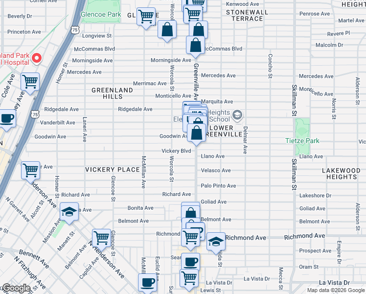 map of restaurants, bars, coffee shops, grocery stores, and more near 5628 Goodwin Avenue in Dallas