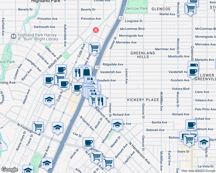 map of restaurants, bars, coffee shops, grocery stores, and more near 5136 Goodwin Avenue in Dallas