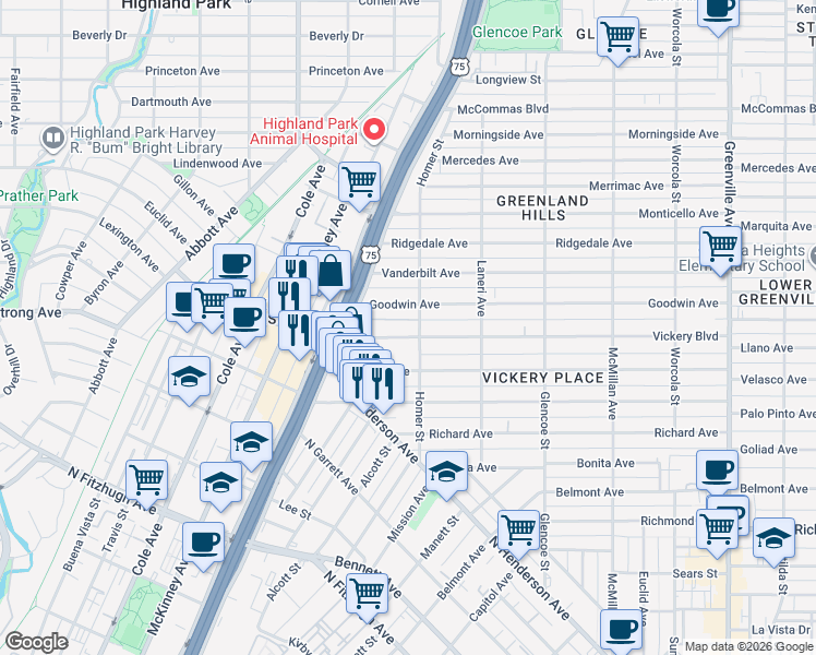 map of restaurants, bars, coffee shops, grocery stores, and more near 5136 Goodwin Avenue in Dallas