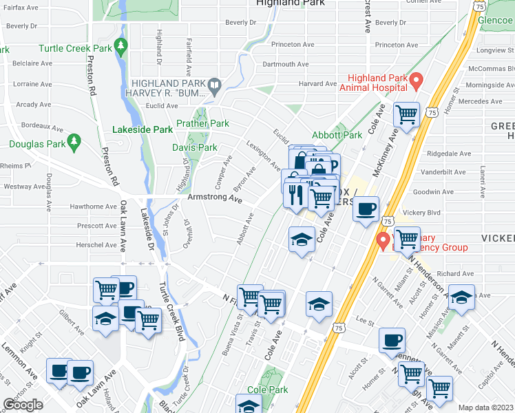map of restaurants, bars, coffee shops, grocery stores, and more near 4502 Abbott Avenue in Dallas