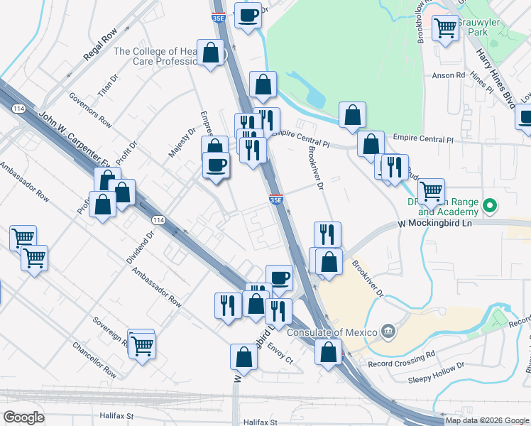 map of restaurants, bars, coffee shops, grocery stores, and more near 7785 North Stemmons Freeway in Dallas