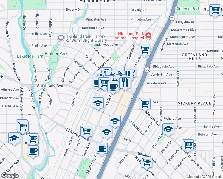 map of restaurants, bars, coffee shops, grocery stores, and more near 3120 Knox Street in Dallas