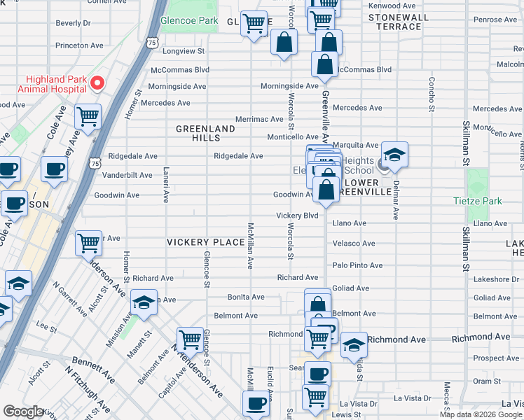 map of restaurants, bars, coffee shops, grocery stores, and more near 5514 Goodwin Avenue in Dallas