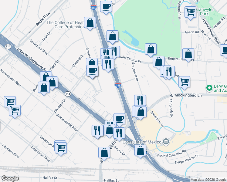 map of restaurants, bars, coffee shops, grocery stores, and more near 8001 North Stemmons Freeway in Dallas